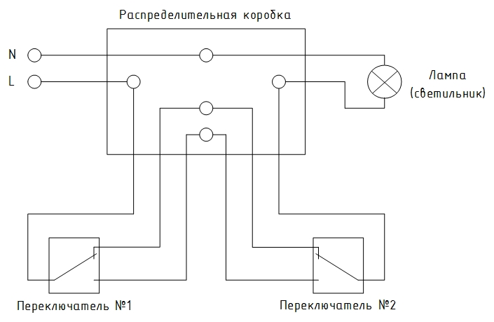 Схема соединения двухклавишного проходного выключателя с двух мест